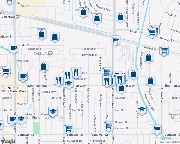 map of restaurants, bars, coffee shops, grocery stores, and more near 13853 Wyandotte Street in Los Angeles