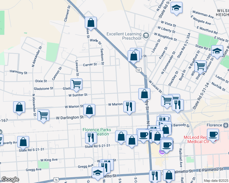 map of restaurants, bars, coffee shops, grocery stores, and more near 403 West Sumter Street in Florence