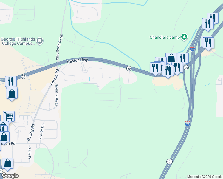 map of restaurants, bars, coffee shops, grocery stores, and more near 62 Lee Road Southeast in Cartersville