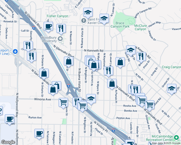 map of restaurants, bars, coffee shops, grocery stores, and more near 2611 North Lincoln Street in Burbank