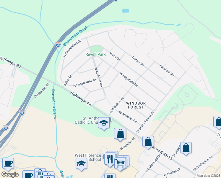 map of restaurants, bars, coffee shops, grocery stores, and more near 2557 West Keswick Road in Florence