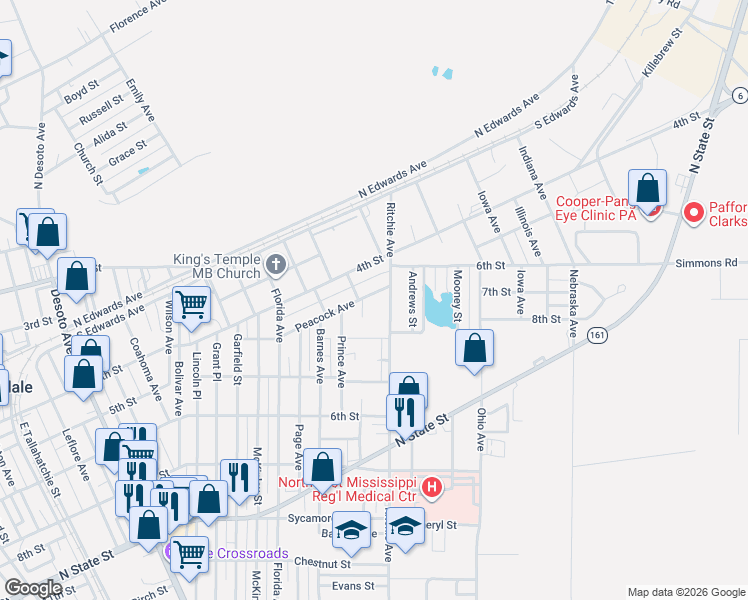 map of restaurants, bars, coffee shops, grocery stores, and more near 401-699 Stewart Avenue in Clarksdale