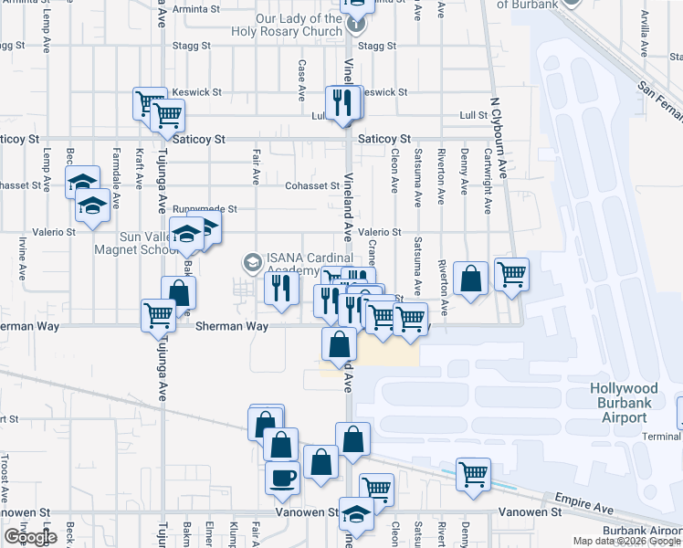 map of restaurants, bars, coffee shops, grocery stores, and more near 7307 Vineland Avenue in Los Angeles