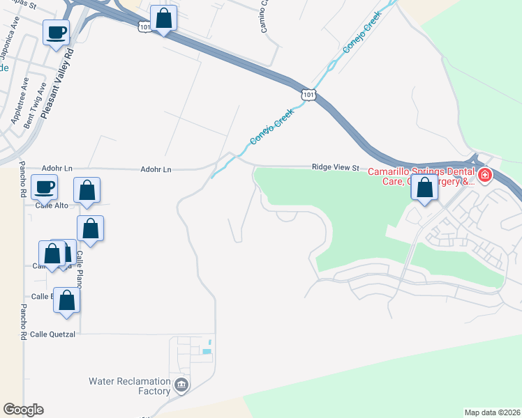 map of restaurants, bars, coffee shops, grocery stores, and more near 58 Margarita Avenue in Camarillo