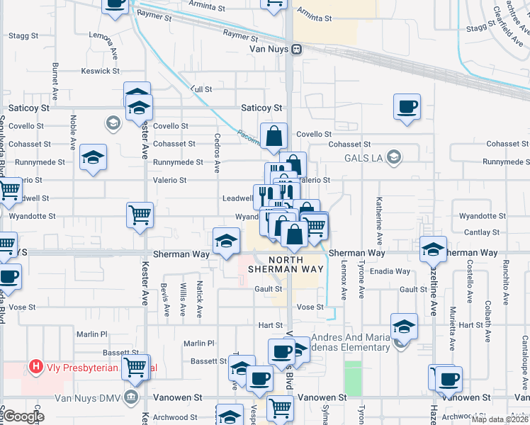 map of restaurants, bars, coffee shops, grocery stores, and more near 14537 Wyandotte Street in Los Angeles
