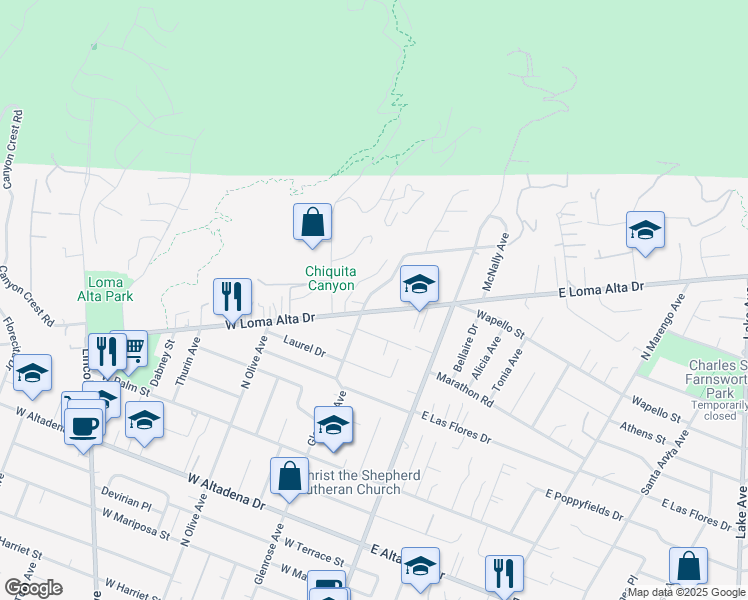 map of restaurants, bars, coffee shops, grocery stores, and more near 3474 Glenrose Avenue in Altadena