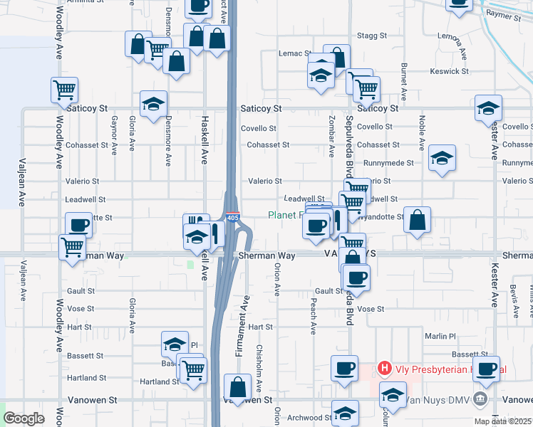 map of restaurants, bars, coffee shops, grocery stores, and more near 15517 Wyandotte Street in Los Angeles