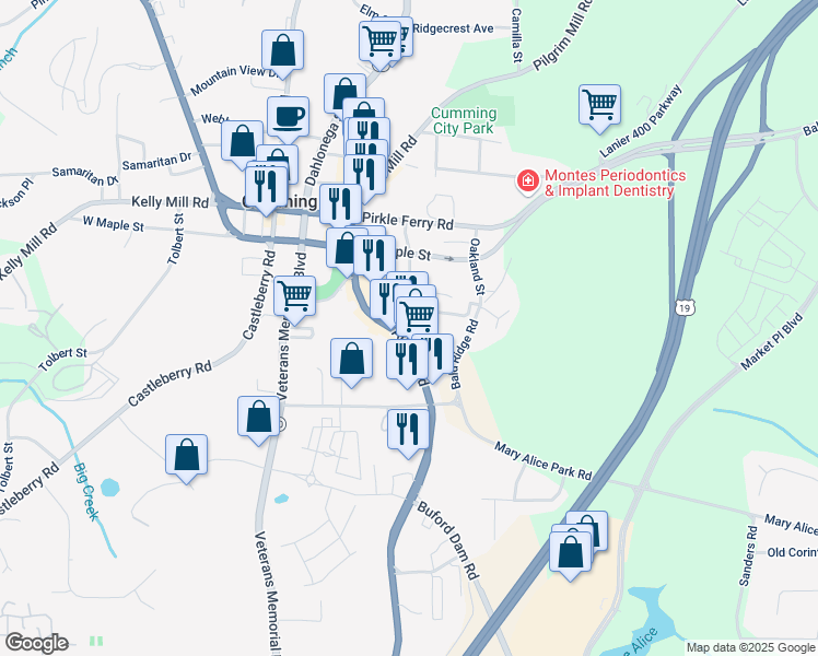 map of restaurants, bars, coffee shops, grocery stores, and more near 248 Atlanta Road in Cumming