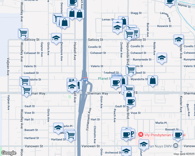 map of restaurants, bars, coffee shops, grocery stores, and more near 15517 Wyandotte Street in Los Angeles