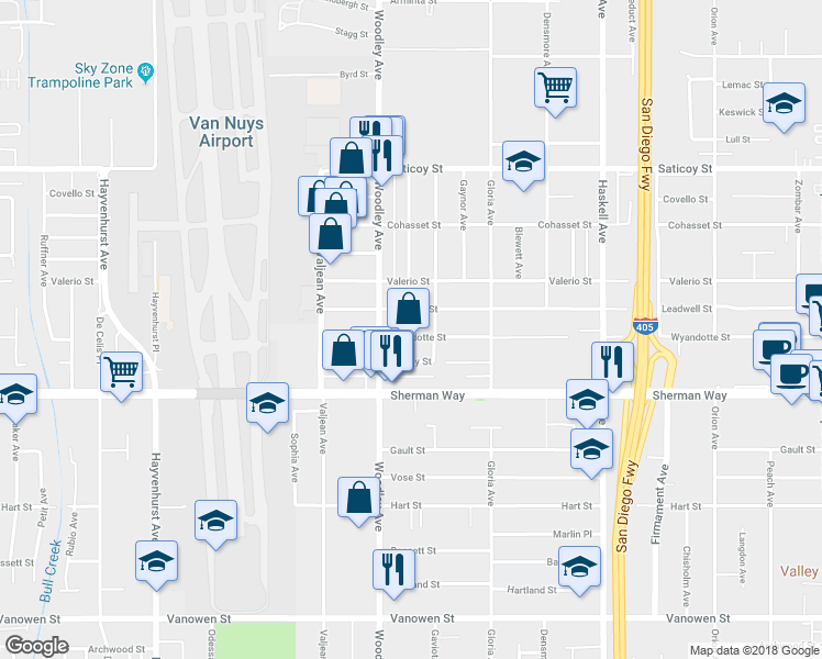 map of restaurants, bars, coffee shops, grocery stores, and more near 16023 Wyandotte Street in Los Angeles