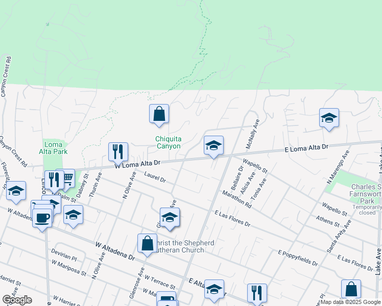 map of restaurants, bars, coffee shops, grocery stores, and more near 3474 Glenrose Avenue in Altadena