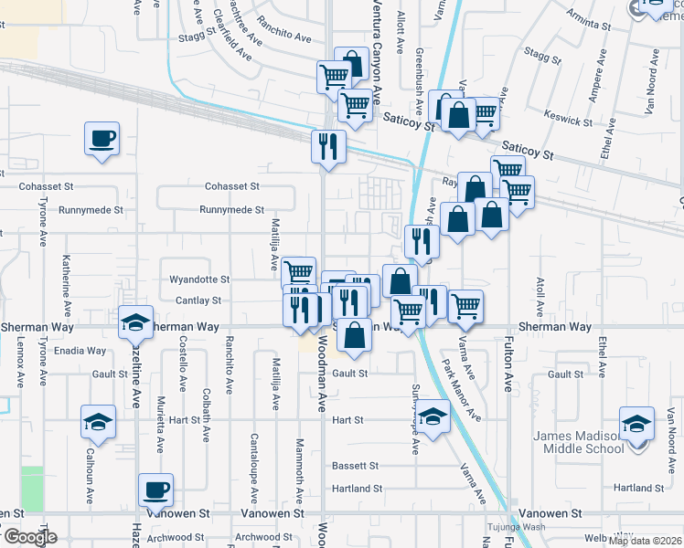 map of restaurants, bars, coffee shops, grocery stores, and more near 13629 Wyandotte Street in Los Angeles