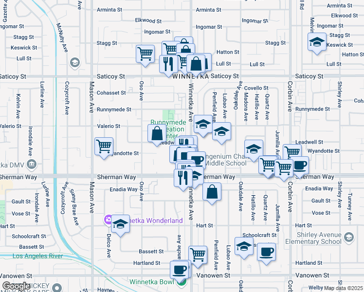 map of restaurants, bars, coffee shops, grocery stores, and more near 20134 Leadwell Street in Los Angeles