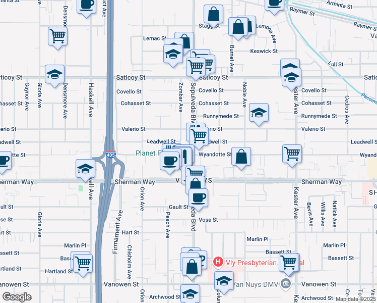 map of restaurants, bars, coffee shops, grocery stores, and more near 7301 Sepulveda Boulevard in Los Angeles