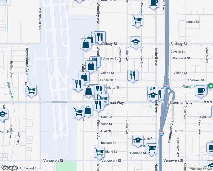 map of restaurants, bars, coffee shops, grocery stores, and more near 16010 Wyandotte Street in Los Angeles