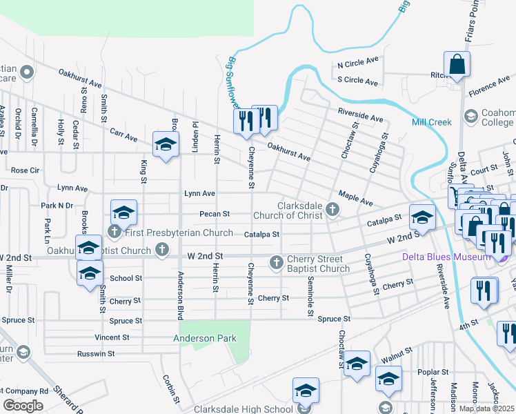 map of restaurants, bars, coffee shops, grocery stores, and more near 521 Pecan Street in Clarksdale