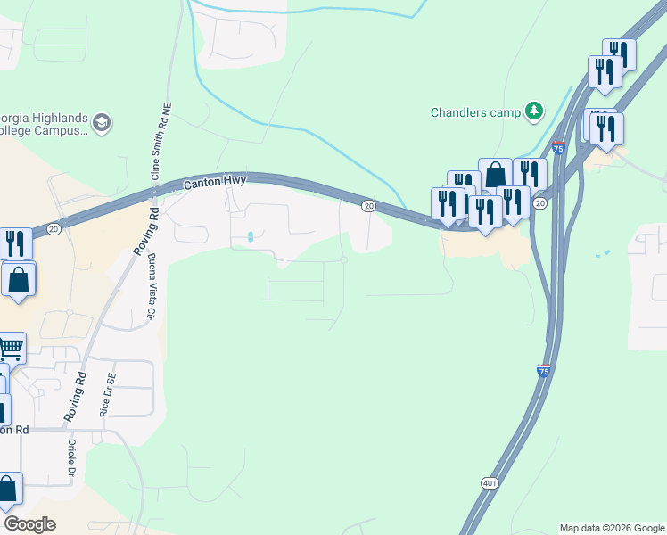 map of restaurants, bars, coffee shops, grocery stores, and more near 62 Lee Road Southeast in Cartersville