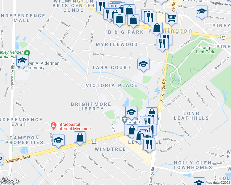 map of restaurants, bars, coffee shops, grocery stores, and more near 2102 Troon Court in Wilmington