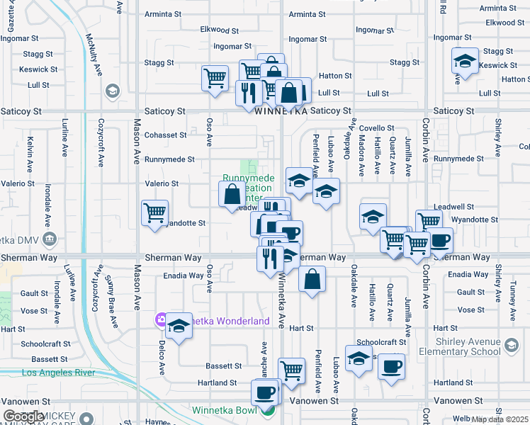 map of restaurants, bars, coffee shops, grocery stores, and more near 20134 Leadwell Street in Los Angeles