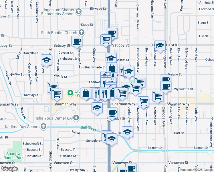 map of restaurants, bars, coffee shops, grocery stores, and more near 22017 Wyandotte Street in Los Angeles