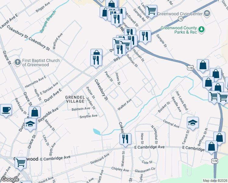 map of restaurants, bars, coffee shops, grocery stores, and more near 100-126 Oakhill in Greenwood