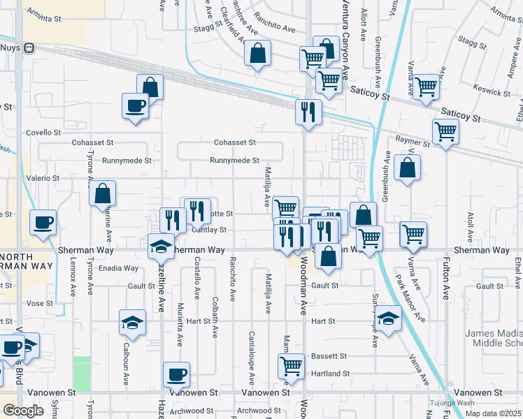 map of restaurants, bars, coffee shops, grocery stores, and more near 13807 Wyandotte Street in Los Angeles