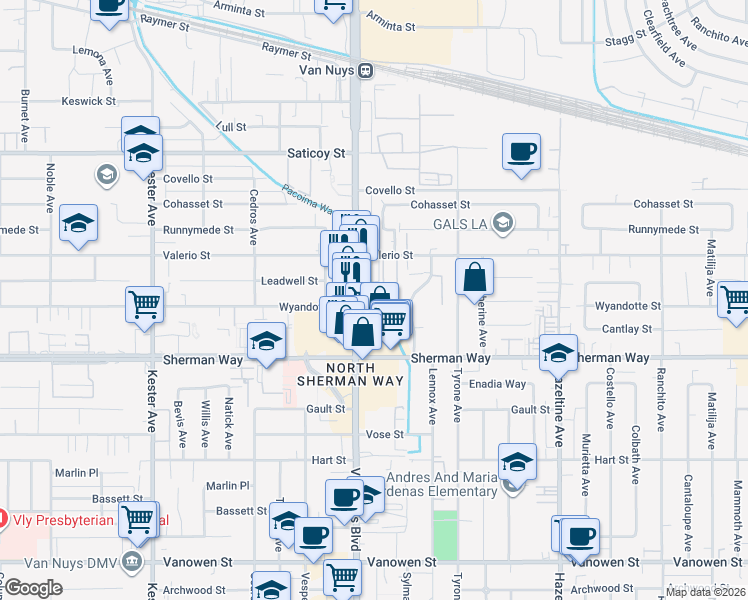map of restaurants, bars, coffee shops, grocery stores, and more near 7300 Van Nuys Boulevard in Los Angeles