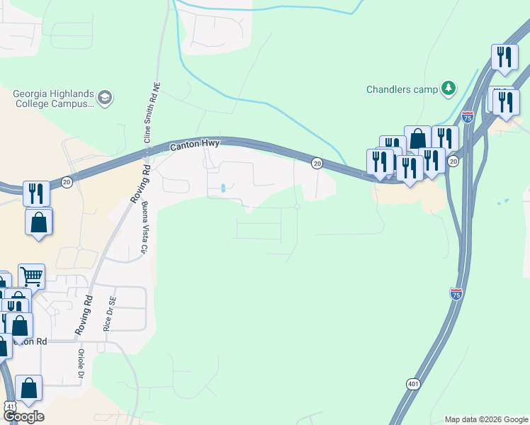 map of restaurants, bars, coffee shops, grocery stores, and more near 30 Backus Road Southeast in Cartersville