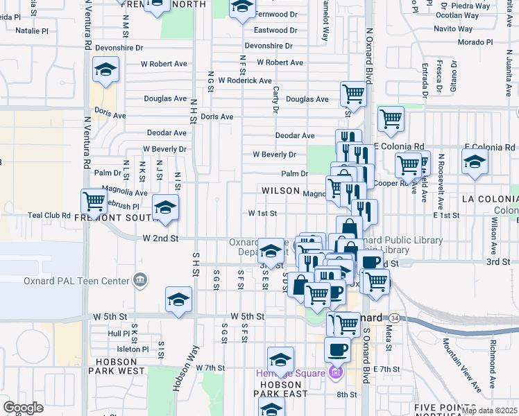 map of restaurants, bars, coffee shops, grocery stores, and more near 619 West 1st Street in Oxnard