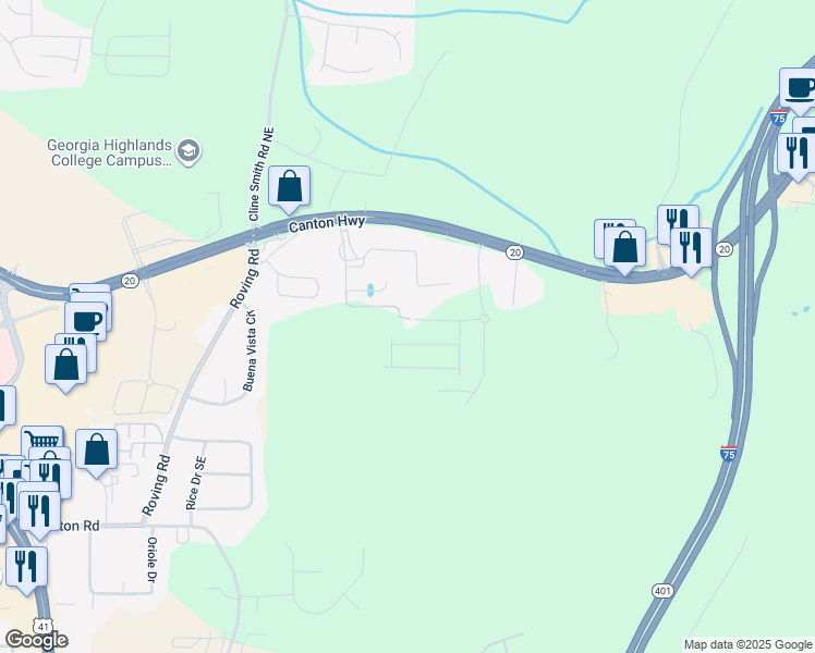 map of restaurants, bars, coffee shops, grocery stores, and more near 30 Backus Road Southeast in Cartersville