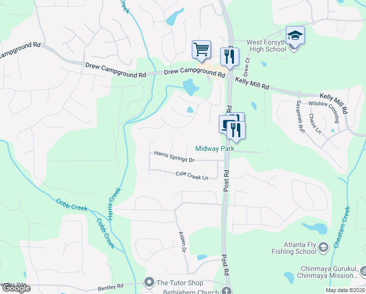 map of restaurants, bars, coffee shops, grocery stores, and more near 5325 Bentley Creek Way in Cumming