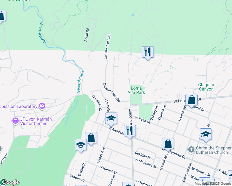 map of restaurants, bars, coffee shops, grocery stores, and more near 3432 Canyon Crest Road in Altadena
