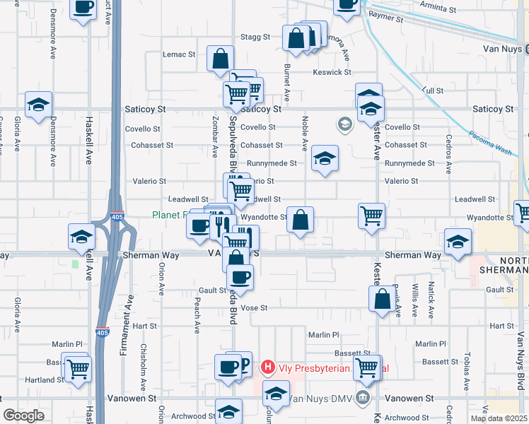 map of restaurants, bars, coffee shops, grocery stores, and more near 15209 Wyandotte Street in Los Angeles