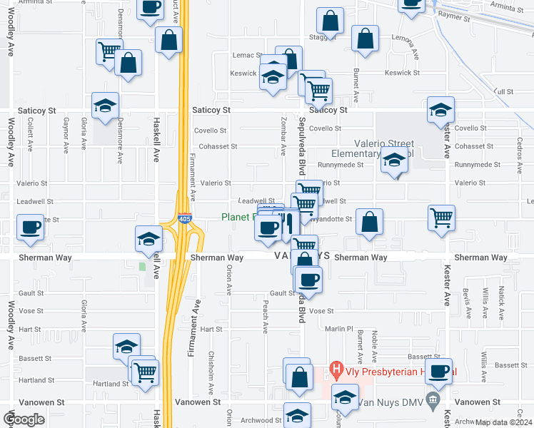 map of restaurants, bars, coffee shops, grocery stores, and more near 15359 Wyandotte Street in Los Angeles