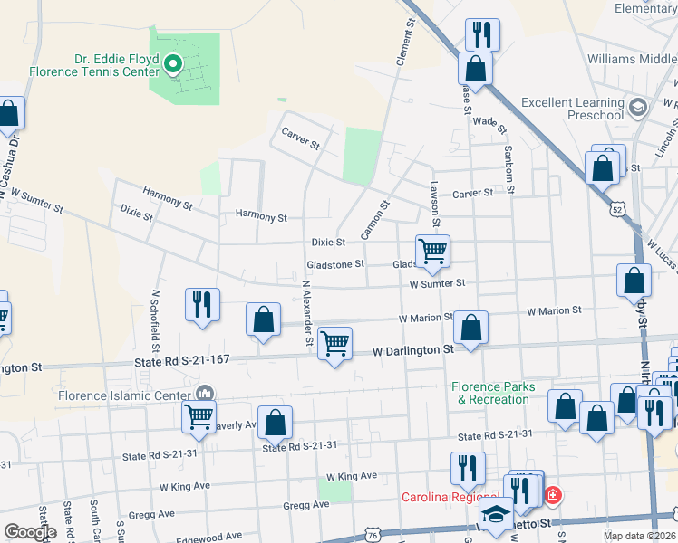map of restaurants, bars, coffee shops, grocery stores, and more near 923 West Sumter Street in Florence