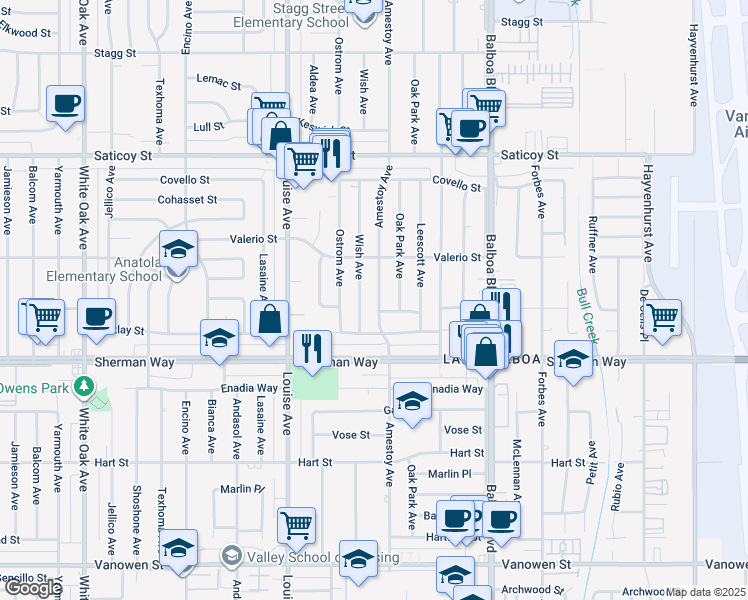 map of restaurants, bars, coffee shops, grocery stores, and more near 7311 Amestoy Avenue in Los Angeles