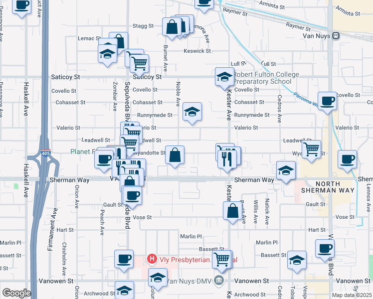 map of restaurants, bars, coffee shops, grocery stores, and more near 15045 Wyandotte Street in Los Angeles