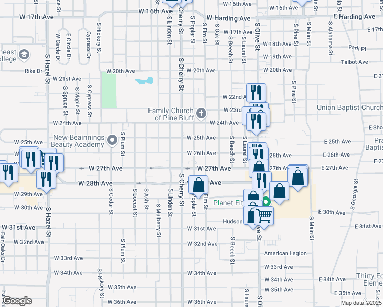 map of restaurants, bars, coffee shops, grocery stores, and more near 1018 West 26th Avenue in Pine Bluff
