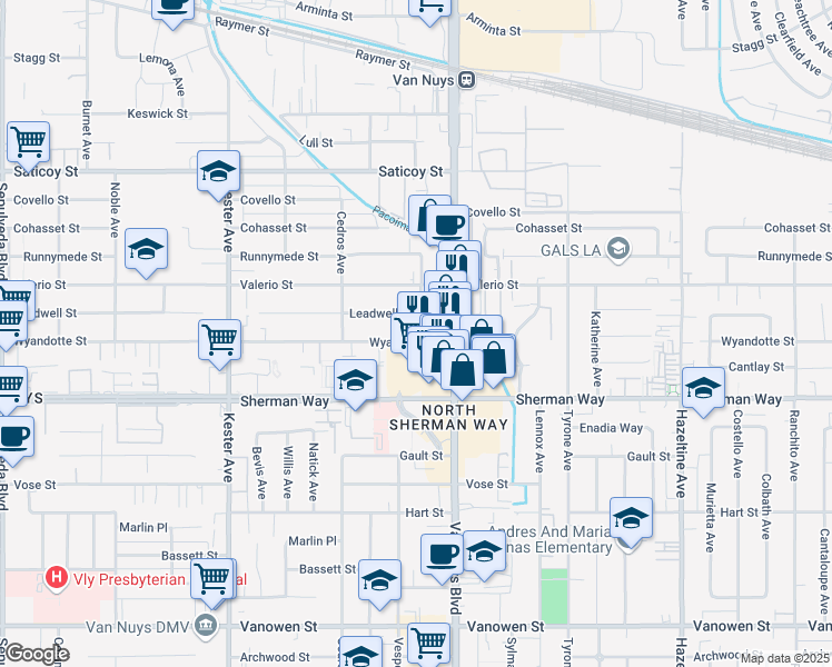 map of restaurants, bars, coffee shops, grocery stores, and more near 14537 Wyandotte Street in Los Angeles