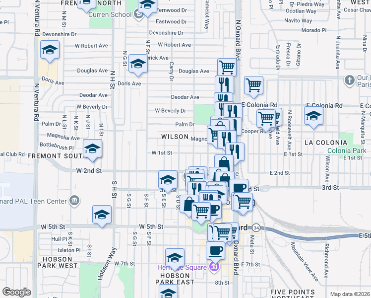 map of restaurants, bars, coffee shops, grocery stores, and more near 425 West 1st Street in Oxnard