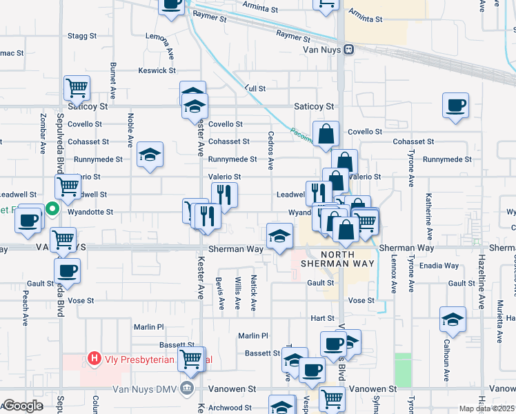 map of restaurants, bars, coffee shops, grocery stores, and more near 14716 Wyandotte Street in Los Angeles
