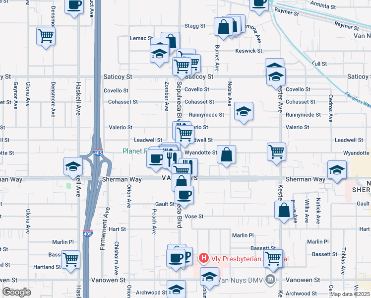 map of restaurants, bars, coffee shops, grocery stores, and more near 15266 Wyandotte Street in Los Angeles