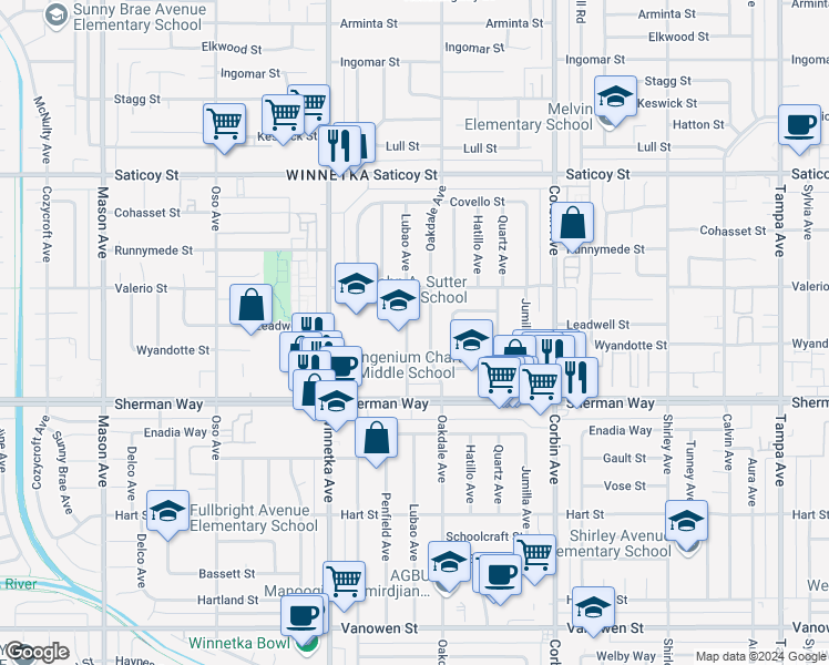map of restaurants, bars, coffee shops, grocery stores, and more near 7306 Lubao Avenue in Los Angeles