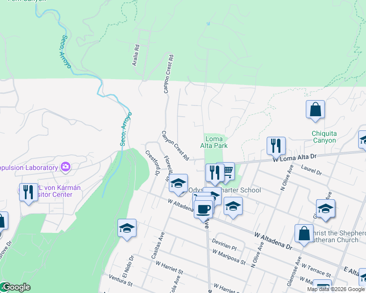 map of restaurants, bars, coffee shops, grocery stores, and more near 3432 Canyon Crest Road in Altadena
