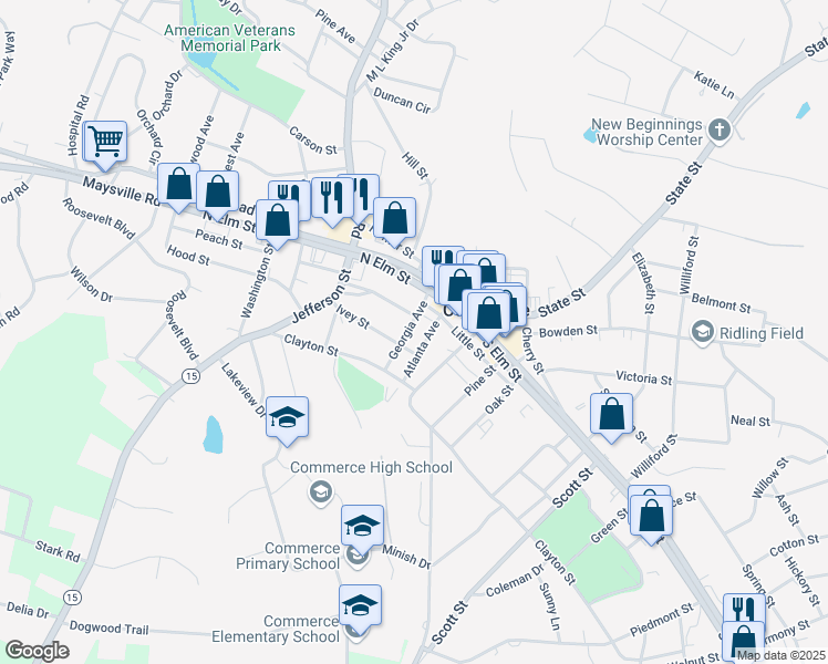 map of restaurants, bars, coffee shops, grocery stores, and more near 95 Georgia Avenue in Commerce