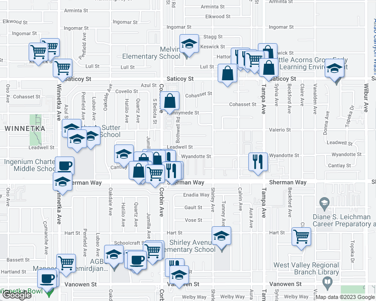 map of restaurants, bars, coffee shops, grocery stores, and more near 19600 Leadwell Street in Los Angeles