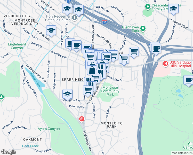 map of restaurants, bars, coffee shops, grocery stores, and more near 3509 North Verdugo Road in Glendale