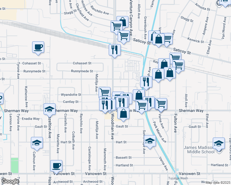 map of restaurants, bars, coffee shops, grocery stores, and more near 13660 Wyandotte Street in Los Angeles