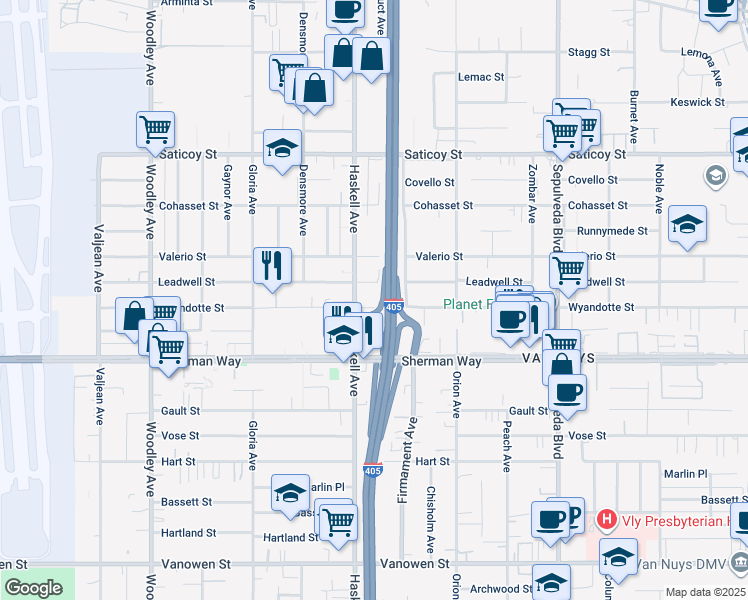 map of restaurants, bars, coffee shops, grocery stores, and more near 7258 Wyandotte Street in Los Angeles
