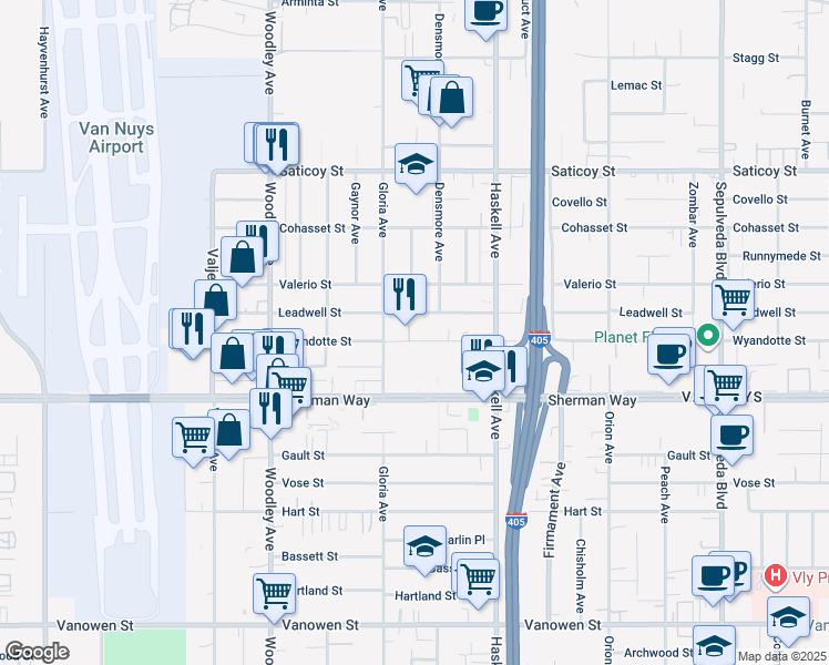 map of restaurants, bars, coffee shops, grocery stores, and more near 15801 Wyandotte Street in Los Angeles